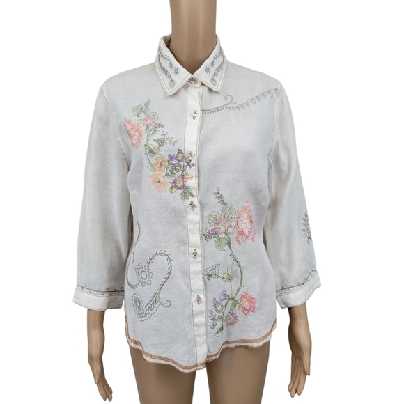 Tweeds Floral Embroidered White Linen Button Up Blouse - Picture 1 of 14